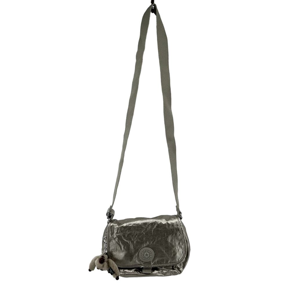 Kipling Maceio Metallic Crossbody Bag Adjustable Strap Keychain Zip Silver OS